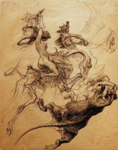 Nackte Frau auf Skelett und Teufel auf Pterodaktylus reiten von Heinrich Kley