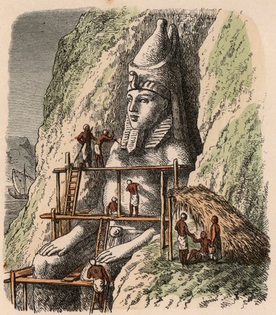 Antikes Ägypten: Eine Statue des Abu Simbel Tempels schnitzen, 1866 von Heinrich Leutemann