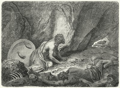 Aristomenes entkommt aus der Grube, in die ihn die Spartaner geworfen hatten von Heinrich Leutemann