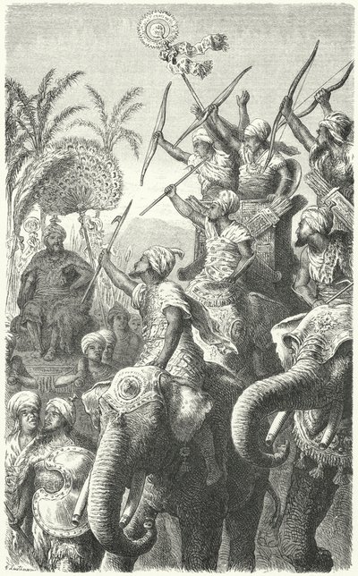 Porus, König der Pauravas, inspiziert seine Kriegselefanten (Gravur) von Heinrich Leutemann