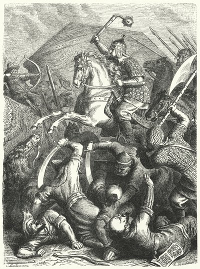 Der Kosaken-Militärkommandant Jermak Timofejewitsch im Kampf mit den Tataren von Khan Kuchum von Heinrich Leutemann