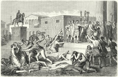 Das Triumvirat von Mark Anton, Marcus Aemilius Lepidus und Octavian verkündet Proskriptionen gegen ihre politischen Feinde, 43 v. Chr. von Heinrich Leutemann