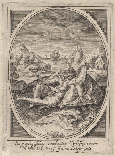 Ein Paar sitzt auf dem Boden, der Mann hält einen Becher und lehnt sich an, ca. 1585-1621 von Heinrich Ulrich