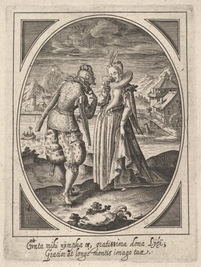 Ein Mann tritt auf eine Frau zu, die einen Becher an den Mund hält, eine Wassermühle und ein Berg..., ca. 1585-1621 von Heinrich Ulrich