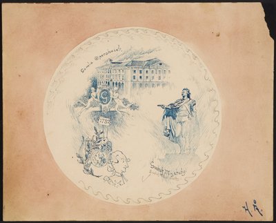 Teller mit Stockholm-Motiv, Altes Opernhaus vor rosa Hintergrund von Helmer Osslund