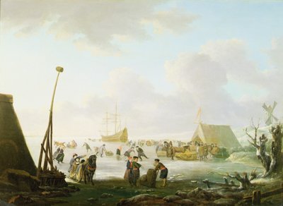 Eine weite Landschaft mit Schlitten und Schlittschuhläufern mit einem im Eis eingeschlossenen Schiff von Hendrick (manner of) Avercamp