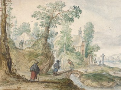 Eine bewaldete Flusslandschaft mit einer Kirche und Figuren, ca. 1613 von Hendrick Avercamp