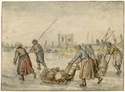 Winterlandschaft mit zwei Frauen und einem Schlitten und anderen Figuren auf dem Eis, ein Galgen in der Ferne von Hendrick Avercamp