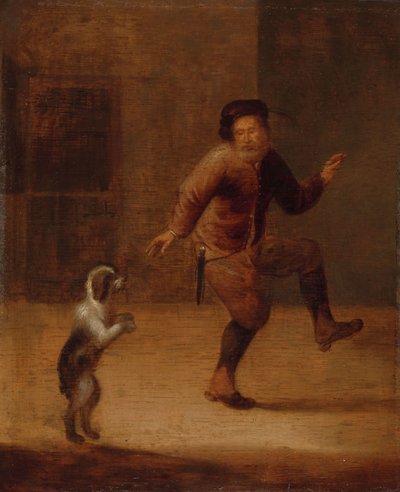 Ein Mann tanzt mit einem Hund von Hendrick Bogaert