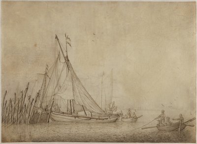 Schiffe an einem Fischwehr mit einer Stadt im Hintergrund von Hendrick Dubbels