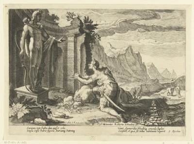 Kadmos fragt das Orakel von Delphi, was er tun soll, da er seine Schwester Europa nicht finden konnte (Ovids Metamorphosen) von Hendrick Goltzius (workshop of)