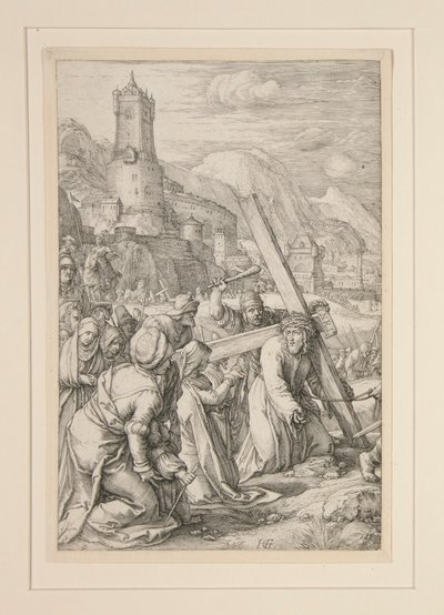 Christus trägt das Kreuz, Nr. 9 aus Die Passion, eine Serie von 12 Gravuren von Hendrick Goltzius