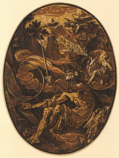 Demogorgon in der Höhle der Ewigkeit, Blatt 1 der Folge "Demogorgon und die göttlichen Wesen" von Hendrick Goltzius