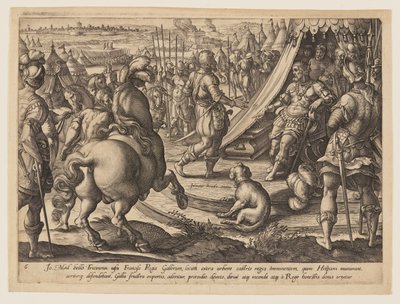 Giovanni de’ Medici vor Franz I., Platte 6 aus der Geschichte von Giovanni de’ Medici von Hendrick Goltzius