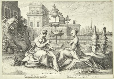 Juno in Verkleidung als Beroë warnt Semele von Hendrick Goltzius