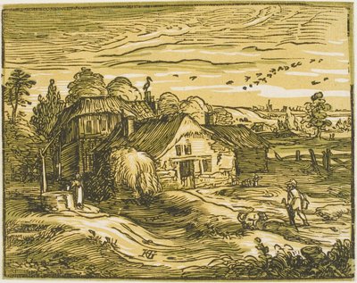 Landschaft mit einem Bauernhaus, aus Vier kleine Landschaften von Hendrick Goltzius