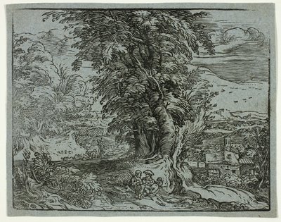 Landschaft mit einem Hirtenpaar, aus Vier kleine Landschaften von Hendrick Goltzius