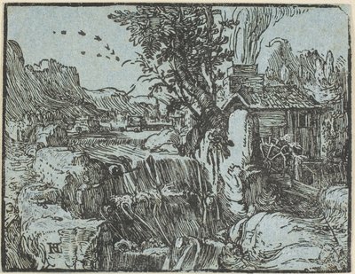 Landschaft mit einem Wasserfall, aus Vier kleine Landschaften von Hendrick Goltzius