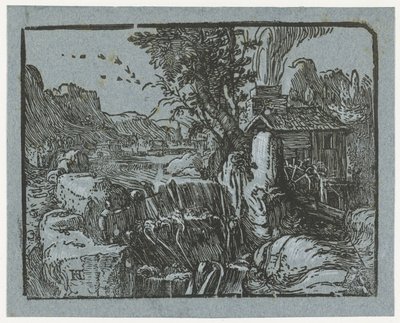 Landschaft mit Wasserfall (Serientitel: Vier kleine Landschaften) von Hendrick Goltzius