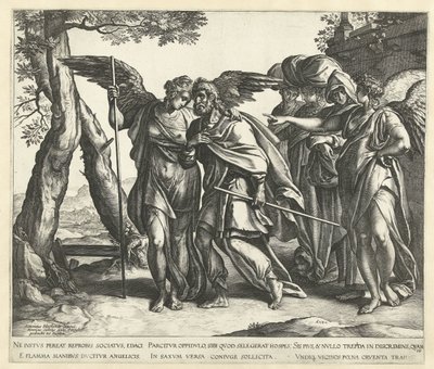Lot flieht aus Sodom mit seiner Frau und seinen Töchtern von Hendrick Goltzius