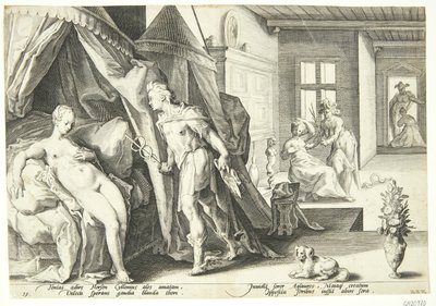 Merkur betritt das Zimmer von Herse, nachdem er Agraulos in Stein verwandelt hat von Hendrick Goltzius