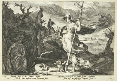 Minerva befiehlt dem Neid, das Herz von Agraulos mit Eifersucht zu füllen von Hendrick Goltzius