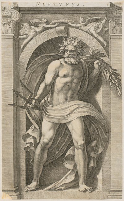 Neptun, Blatt 2 der Folge "Acht antike Gottheiten" von Hendrick Goltzius