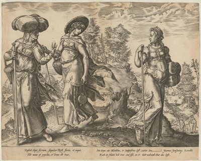 Orpa verlässt Ruth und Naomi [Blatt 1] und Ruth vor Boas auf dem Felde [Blatt 2], Blätter 1 und 2 der Folge "Die Geschichte der Ruth" von Hendrick Goltzius
