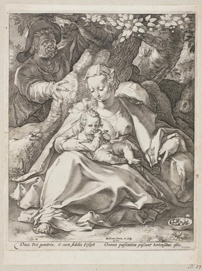 Ruhe auf der Flucht nach Ägypten unter einem Kirschbaum von Hendrick Goltzius