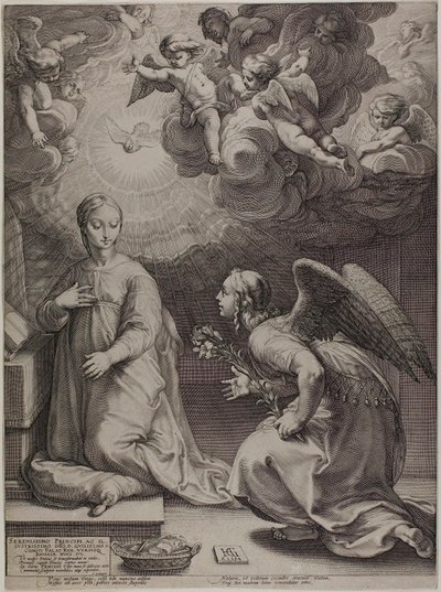 Die Verkündigung, Platte eins aus Die Geburt und das frühe Leben Christi von Hendrick Goltzius