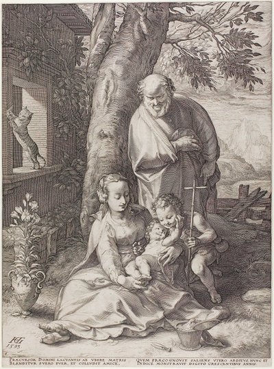 Die Heilige Familie mit dem kleinen Johannes dem Täufer, Platte sechs aus Die Geburt und das frühe Leben Christi von Hendrick Goltzius
