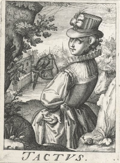 Gefühl (Tactus), eine Frau mit einem Vogel (Die fünf Sinne) von Hendrick Hondius (rejected attribution)