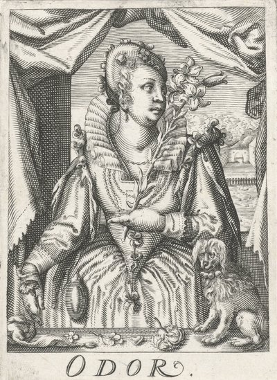 Geruch (Odor), eine Frau mit einem Blütenzweig von Hendrick Hondius (rejected attribution)