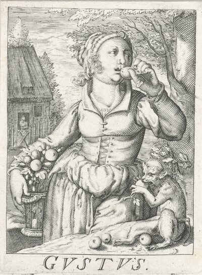 Geschmack (Gustus), eine Frau mit Früchten von Hendrick Hondius (rejected attribution)