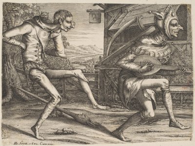 Zwei tanzende Narren aus Zwei und drei Narren des Karnevals, 1642 von Hendrick Hondius I