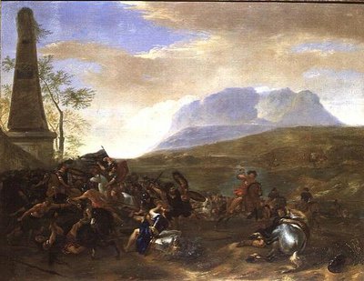 Ein Gefecht bei einem Obelisken in einer weitläufigen Landschaft von Hendrick Verschuring