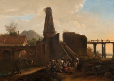 Reisende ruhen sich neben klassischen Ruinen aus, 1663, Öl auf Leinwand von Hendrick Verschuring