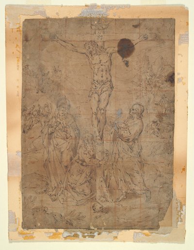 Christus am Kreuz zwischen der Jungfrau und St. Johannes mit Szenen der Passion im Hintergrund von Hendrick de Clerck