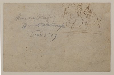 Anmerkung einer späteren Hand. Skizze einer kauernden Figur und eines steigenden Pferdes, ?, 16. Jahrhundert von Hendrick van Cleve