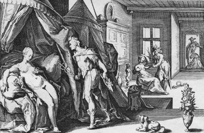 Merkur betritt Herses Zimmer, nachdem er Agraulos in Stein verwandelt hat, aus Ovids Metamorphosen, Buch II - Anonym, Niederländisch von Hendrik (after) Goltzius