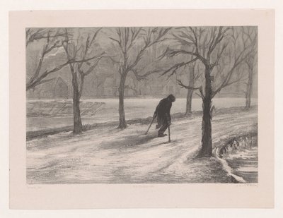 Mann auf Krücken in einer Winterlandschaft von Hendrik Adriaan Christiaan Dekker