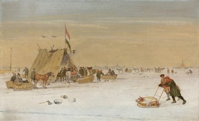 Eine Winterlandschaft mit Figuren auf dem Eis bei einem koek-en-zopie Zelt von Hendrik Avercamp