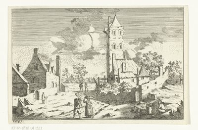 Dorfansicht mit Häusern und Turm an einem Sandweg mit Figuren von Hendrik Berg