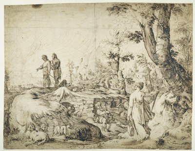 Landschaft mit Bauern bei einer Hütte von Hendrik Goltzius