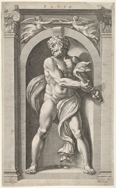 Pluto, auf der Rückseite Skizzen einer Figur, vier Köpfe und eine Säule, 1592 von Hendrik Goltzius