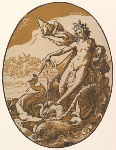 Tethys ruht in einem riesigen Muschelwagen, gezogen von zwei Meereskreaturen, 1588-90 von Hendrik Goltzius