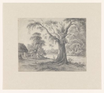 Landschaft mit einem Baum und Hütte mit Pferd und Wagen und zwei Figuren von Hendrik Huygens (signed by artist)
