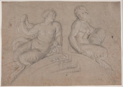 Zwei weibliche Satyrfiguren (Faune) auf einem Segmentbogen von Hendrik Krock
