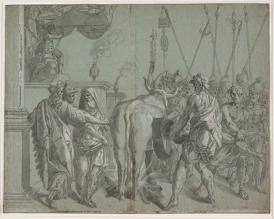 Der Tyrann Phalaris von Agrigent schließt den Bildhauer Perillus in den von ihm geschaffenen, glühenden Bronzenstier ein von Hendrik Krock