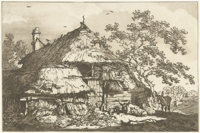 Bauernhof mit einer Kuh, zwei Schafen und einem Esel auf dem Hof von Hendrik Meijer